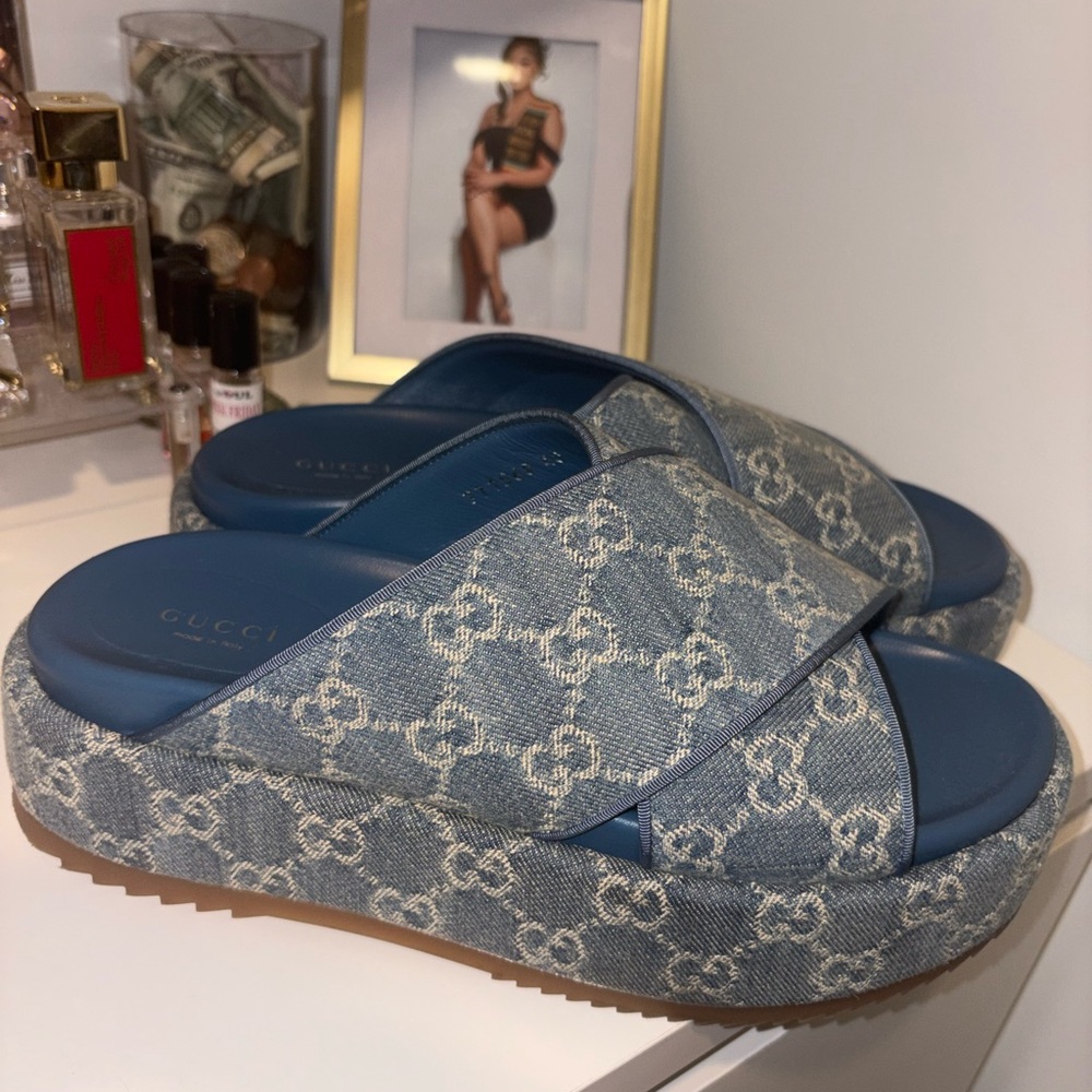 Gucci Denim Monogram Slide Sandals